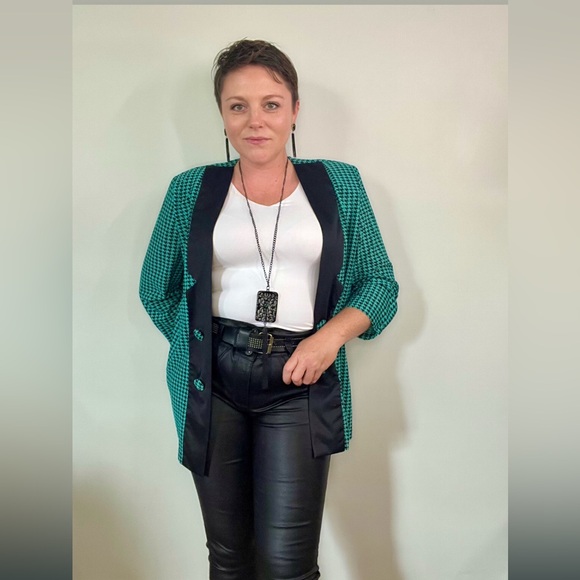 Vintage Jackets & Blazers - VINTAGE Chic Houndstooth Women's Jacket in Green and Black